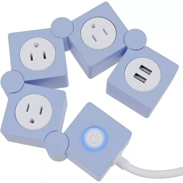 Flexible Rotatable Power Strip with 3 AC Outlets & 2 USB Ports, 5ft Extension Cord