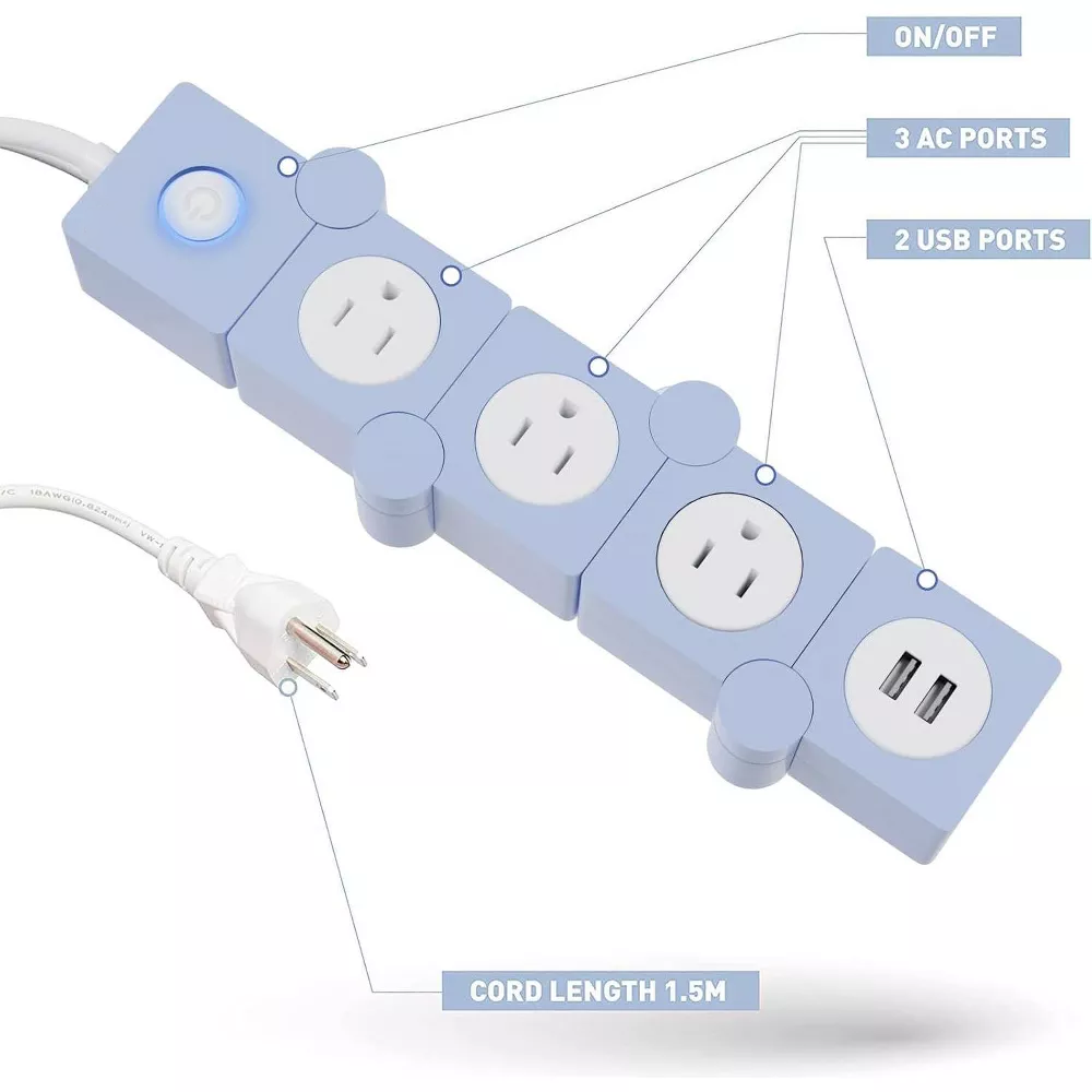 Flexible Rotatable Power Strip with 3 AC Outlets & 2 USB Ports, 5ft Extension Cord